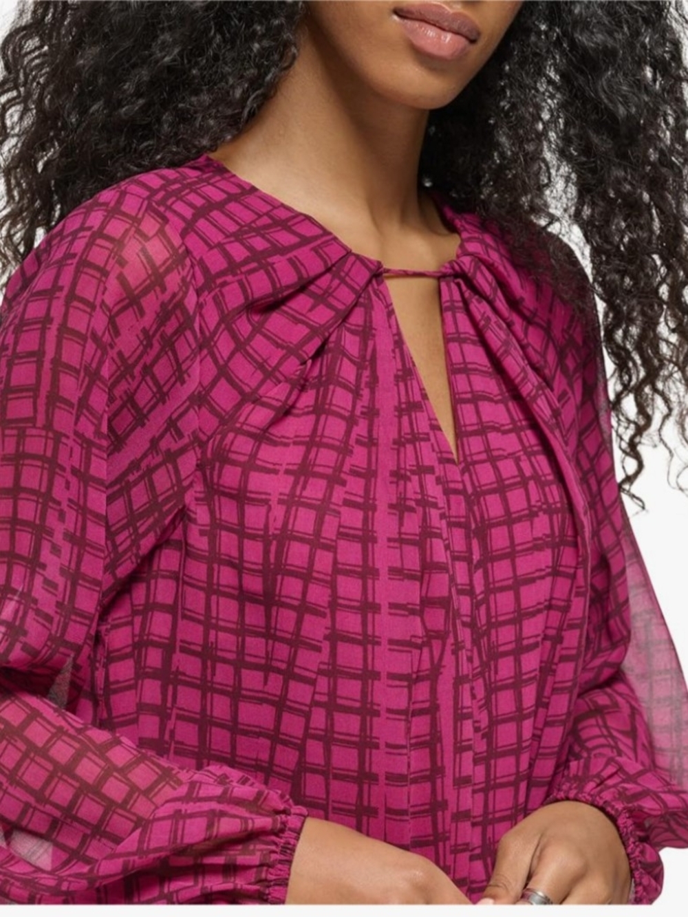 Calvin Klein Grid-Print Long-Sleeve Blouse (Medium)